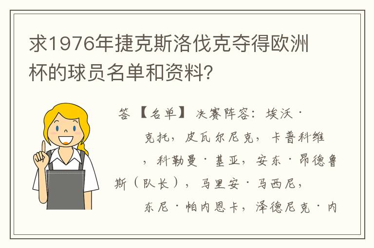 求1976年捷克斯洛伐克夺得欧洲杯的球员名单和资料？