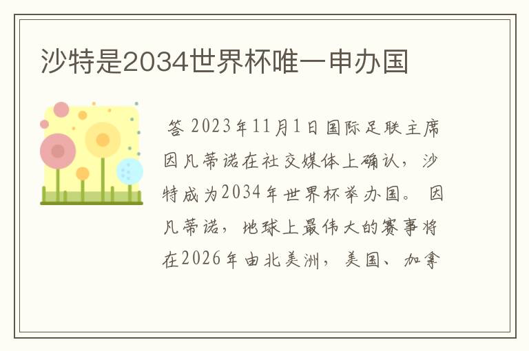 沙特是2034世界杯唯一申办国