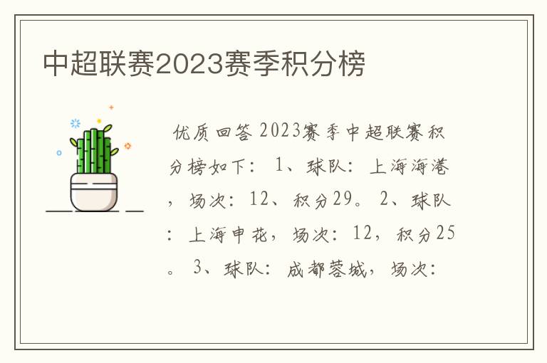 中超联赛2023赛季积分榜