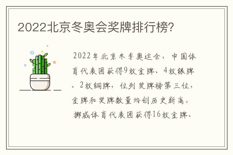 2022北京冬奥会奖牌排行榜？