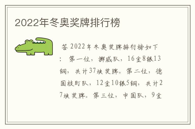 2022年冬奥奖牌排行榜