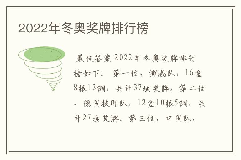 2022年冬奥奖牌排行榜