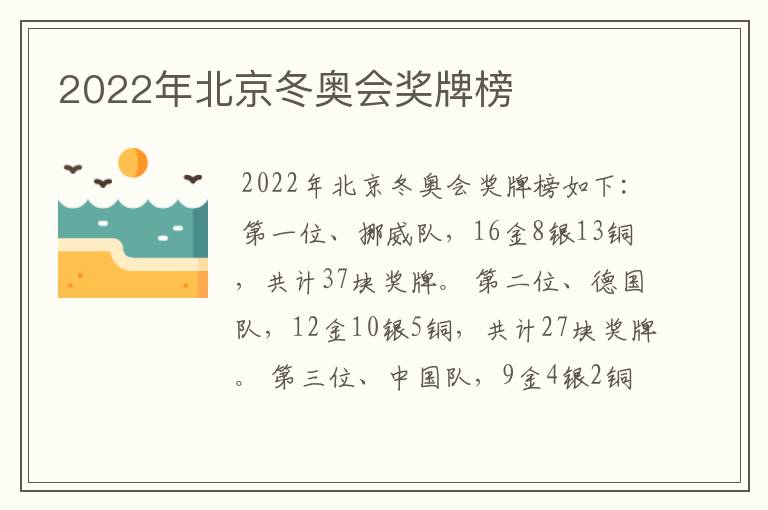 2022年北京冬奥会奖牌榜