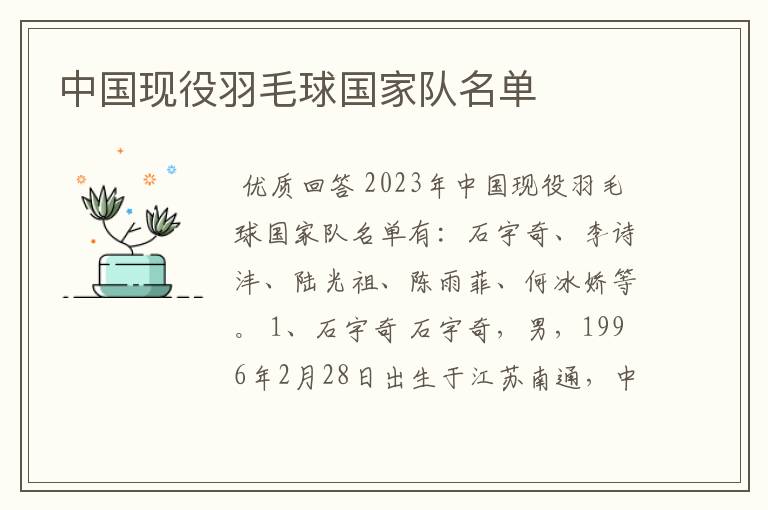 中国现役羽毛球国家队名单