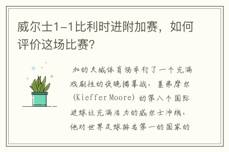 威尔士1-1比利时进附加赛，如何评价这场比赛？