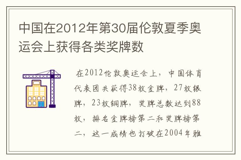 中国在2012年第30届伦敦夏季奥运会上获得各类奖牌数