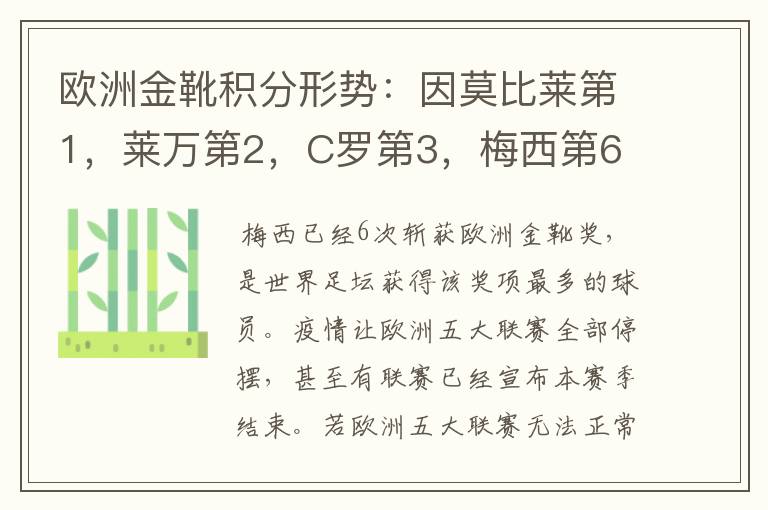 欧洲金靴积分形势：因莫比莱第1，莱万第2，C罗第3，梅西第6