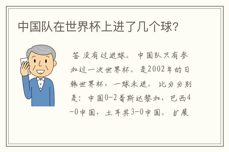 中国队在世界杯上进了几个球?