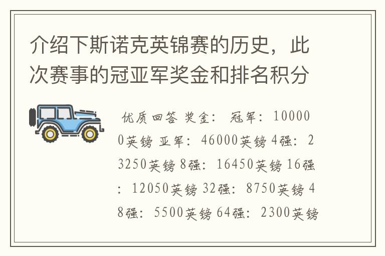 介绍下斯诺克英锦赛的历史,此次赛事的冠亚军奖金和排名积分各是多少?