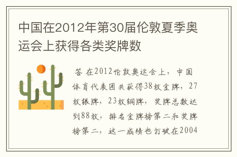 中国在2012年第30届伦敦夏季奥运会上获得各类奖牌数