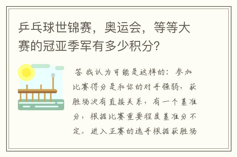 乒乓球世锦赛，奥运会，等等大赛的冠亚季军有多少积分？