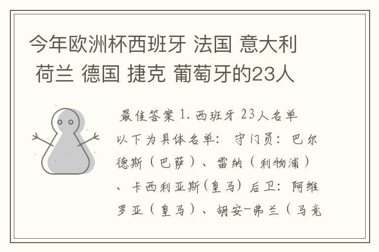 今年欧洲杯西班牙 法国 意大利 荷兰 德国 捷克 葡萄牙的23人名单