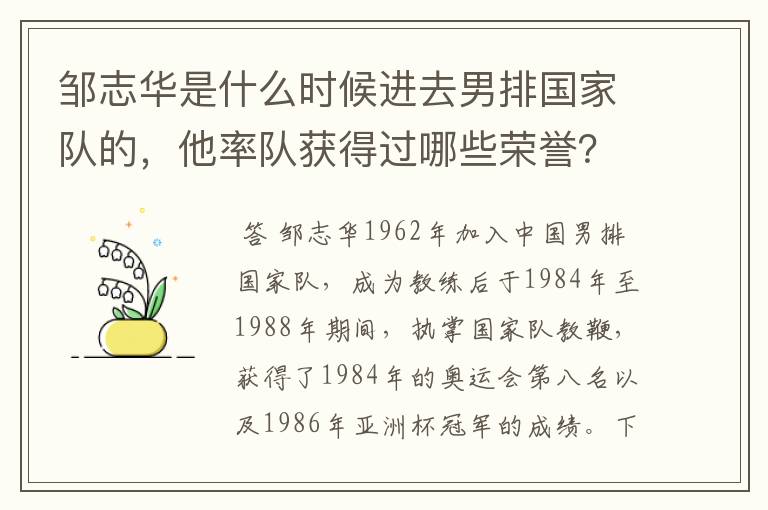 邹志华是什么时候进去男排国家队的，他率队获得过哪些荣誉？