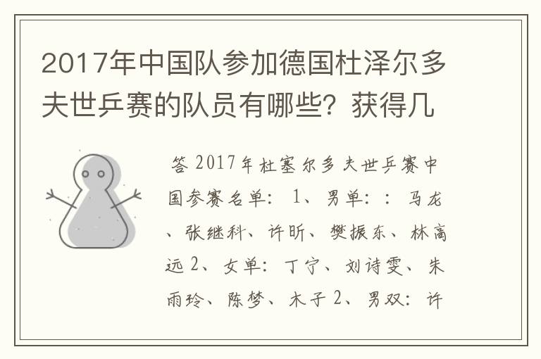 2017年中国队参加德国杜泽尔多夫世乒赛的队员有哪些？获得几项冠军