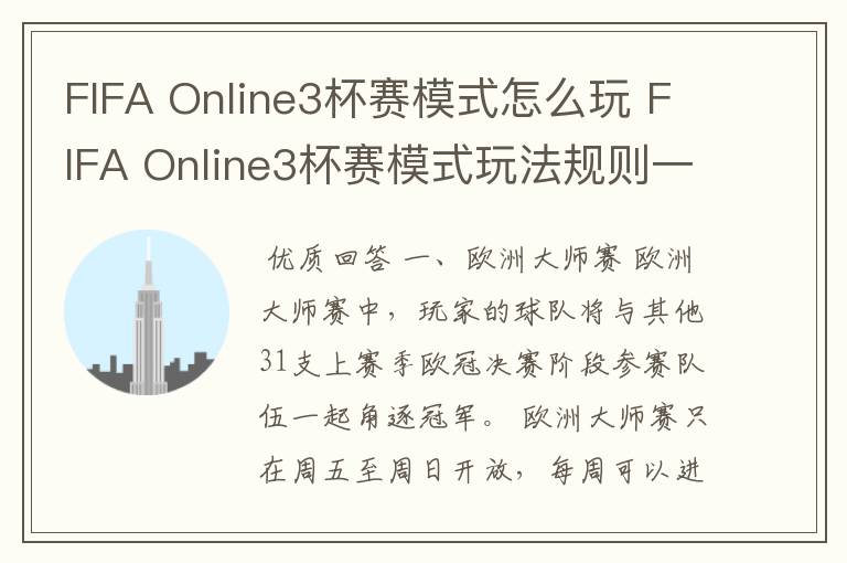 FIFA Online3杯赛模式怎么玩 FIFA Online3杯赛模式玩法规则一览