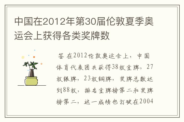 中国在2012年第30届伦敦夏季奥运会上获得各类奖牌数