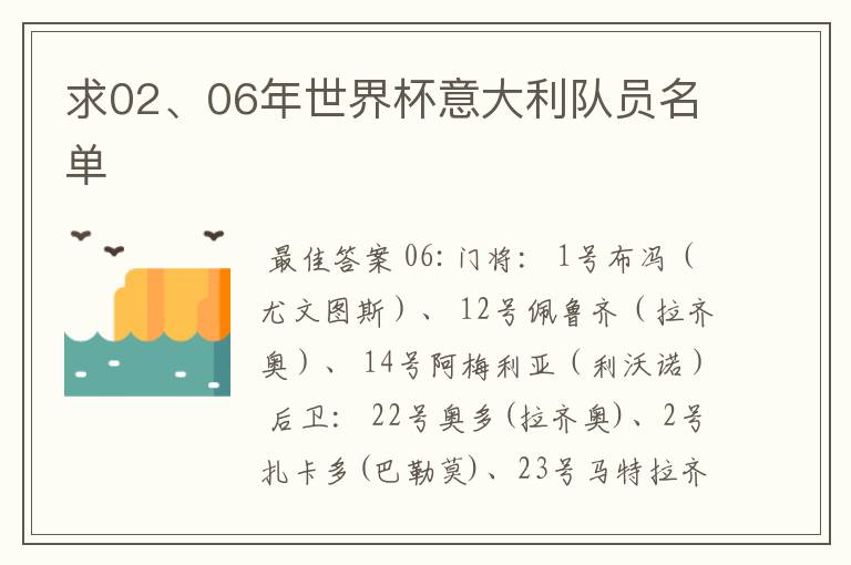 求02、06年世界杯意大利队员名单