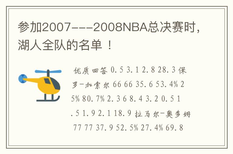 参加2007---2008NBA总决赛时，湖人全队的名单 ！