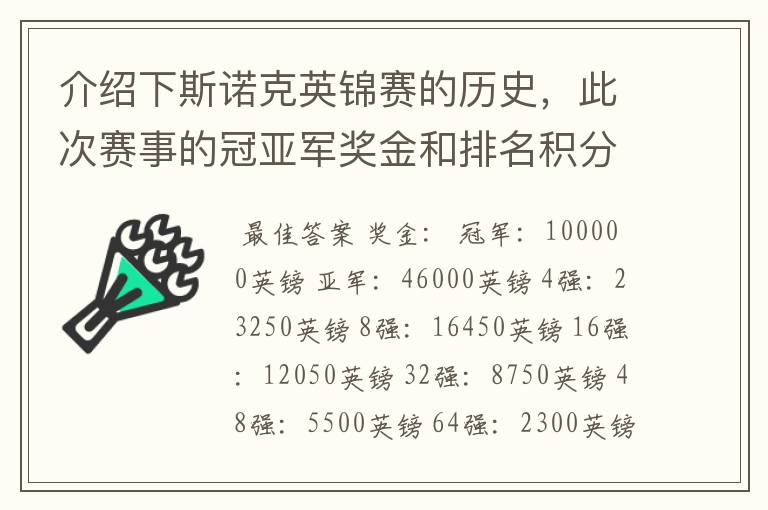 介绍下斯诺克英锦赛的历史，此次赛事的冠亚军奖金和排名积分各是多少？