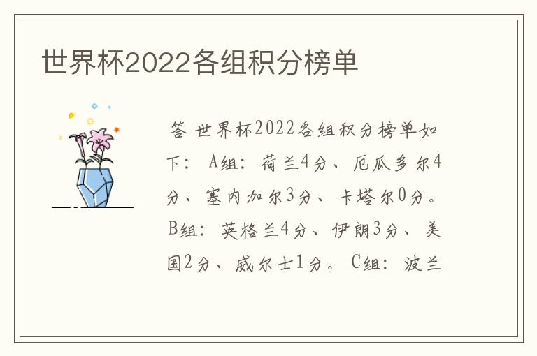 世界杯2022各组积分榜单