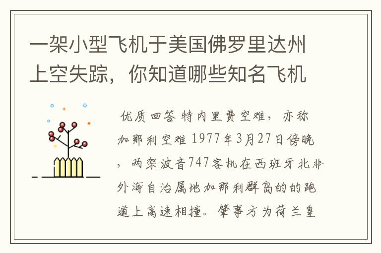 一架小型飞机于美国佛罗里达州上空失踪，你知道哪些知名飞机失事事件？