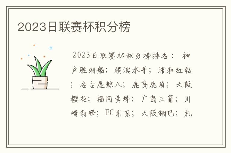 2023日联赛杯积分榜