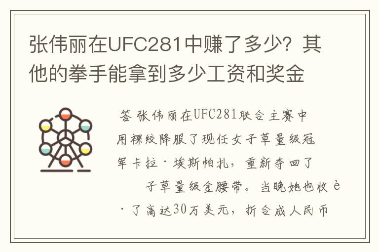 张伟丽在UFC281中赚了多少？其他的拳手能拿到多少工资和奖金？