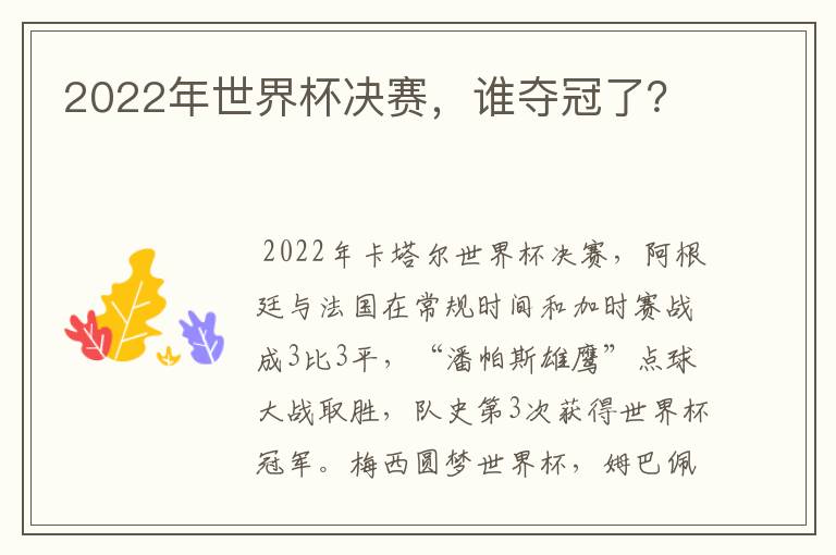 2022年世界杯决赛，谁夺冠了？