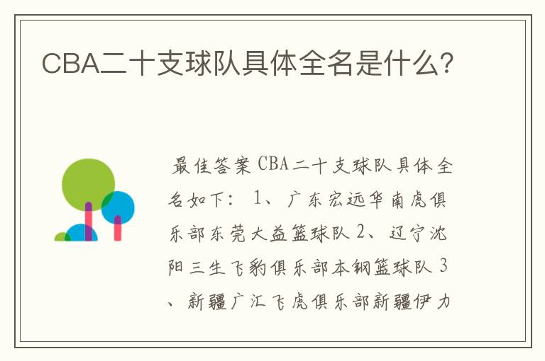 CBA二十支球队具体全名是什么？