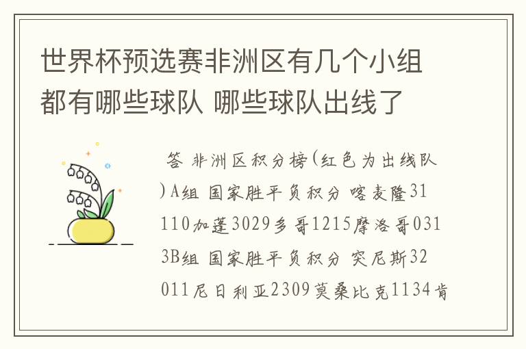 世界杯预选赛非洲区有几个小组都有哪些球队 哪些球队出线了