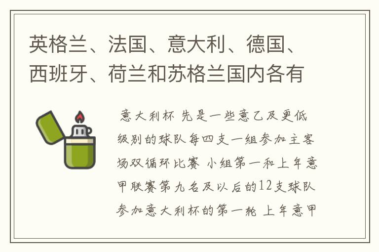 英格兰、法国、意大利、德国、西班牙、荷兰和苏格兰国内各有什么杯赛？