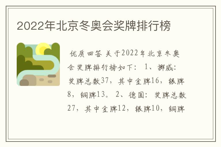 2022年北京冬奥会奖牌排行榜