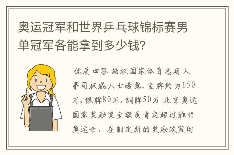 奥运冠军和世界乒乓球锦标赛男单冠军各能拿到多少钱？