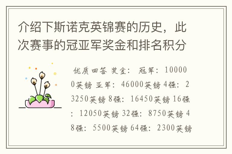 介绍下斯诺克英锦赛的历史，此次赛事的冠亚军奖金和排名积分各是多少？