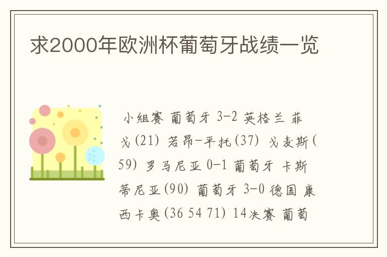 求2000年欧洲杯葡萄牙战绩一览