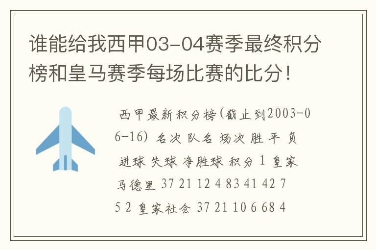 谁能给我西甲03-04赛季最终积分榜和皇马赛季每场比赛的比分！