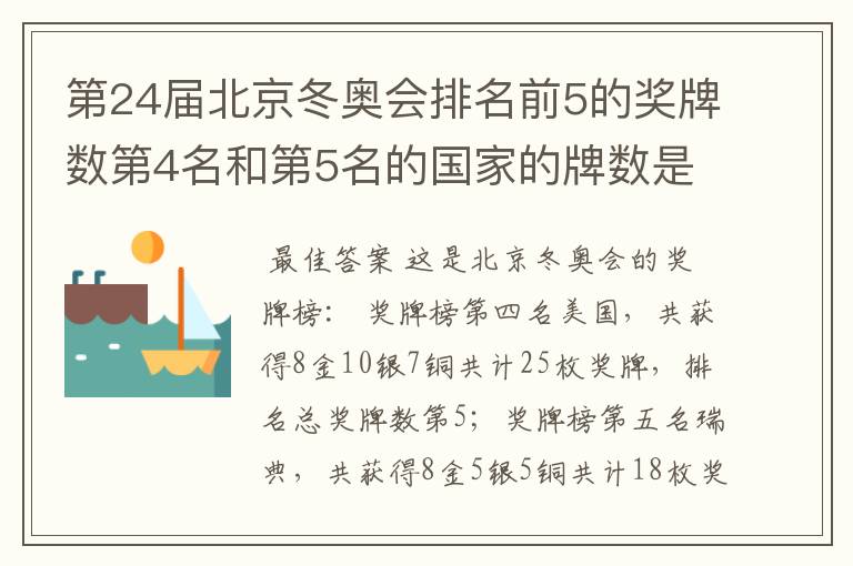 第24届北京冬奥会排名前5的奖牌数第4名和第5名的国家的牌数是多少？