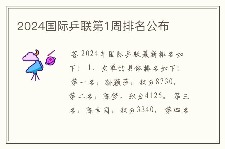 2024国际乒联第1周排名公布