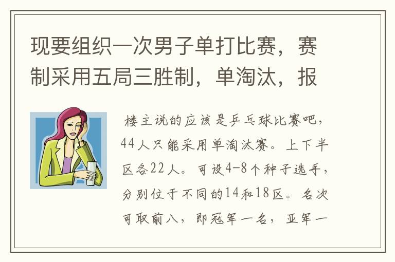 现要组织一次男子单打比赛，赛制采用五局三胜制，单淘汰，报名人数44人。比赛如何编排?