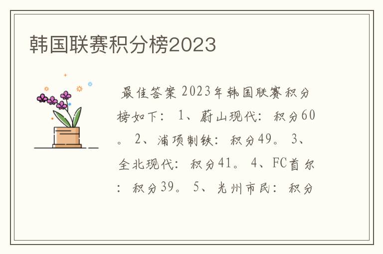 韩国联赛积分榜2023