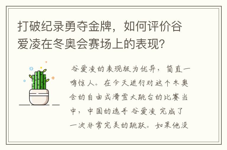 打破纪录勇夺金牌，如何评价谷爱凌在冬奥会赛场上的表现？