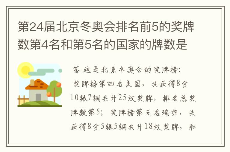 第24届北京冬奥会排名前5的奖牌数第4名和第5名的国家的牌数是多少？