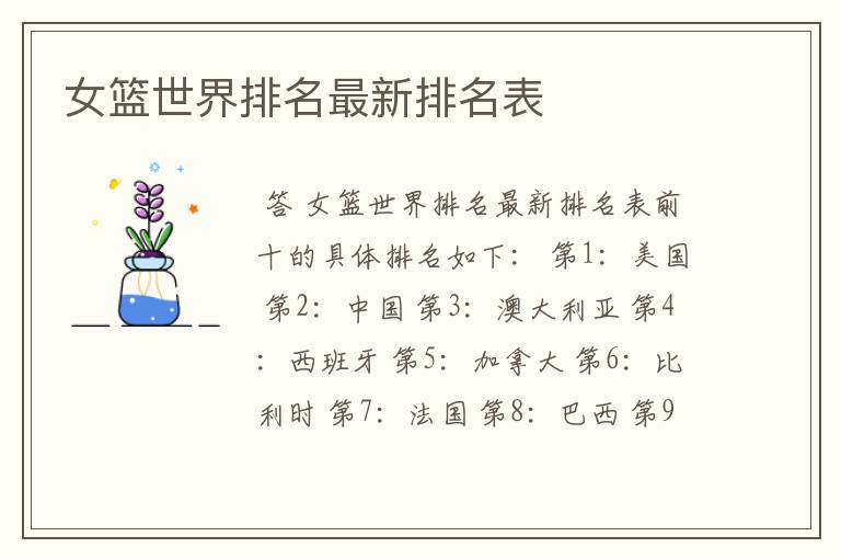 女篮世界排名最新排名表