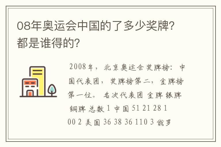 08年奥运会中国的了多少奖牌？都是谁得的？