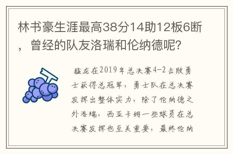 林书豪生涯最高38分14助12板6断，曾经的队友洛瑞和伦纳德呢？