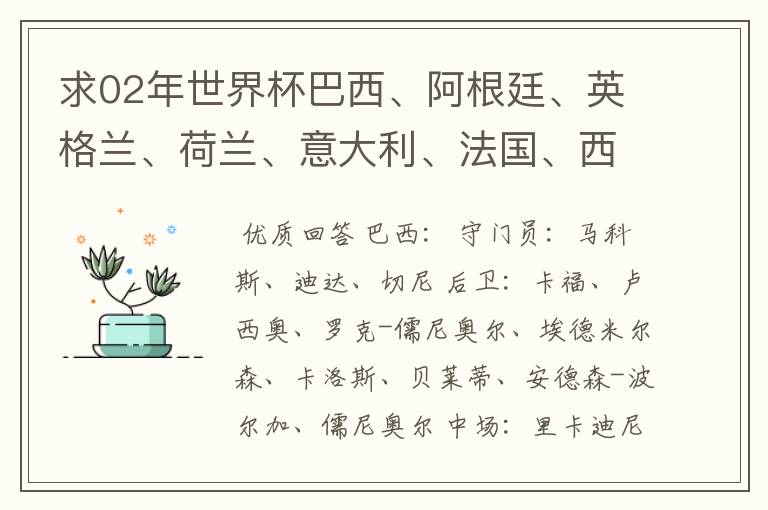 求02年世界杯巴西、阿根廷、英格兰、荷兰、意大利、法国、西班牙的全部阵容