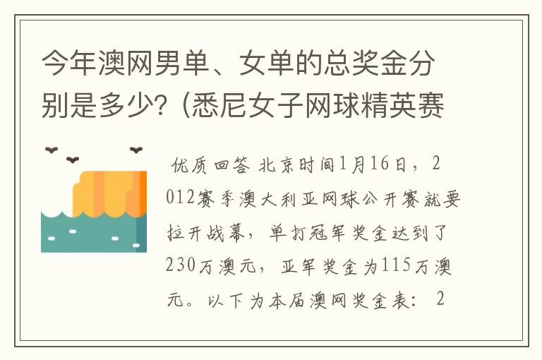 今年澳网男单、女单的总奖金分别是多少？(悉尼女子网球精英赛是60万美金)。谢啦。