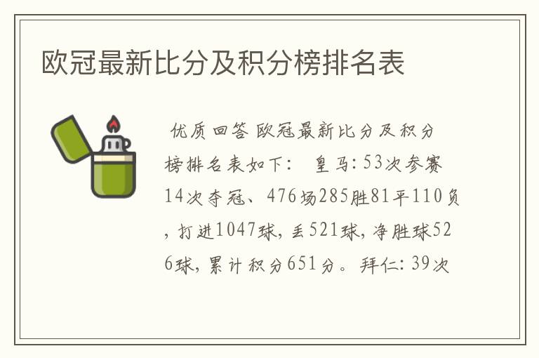 欧冠最新比分及积分榜排名表