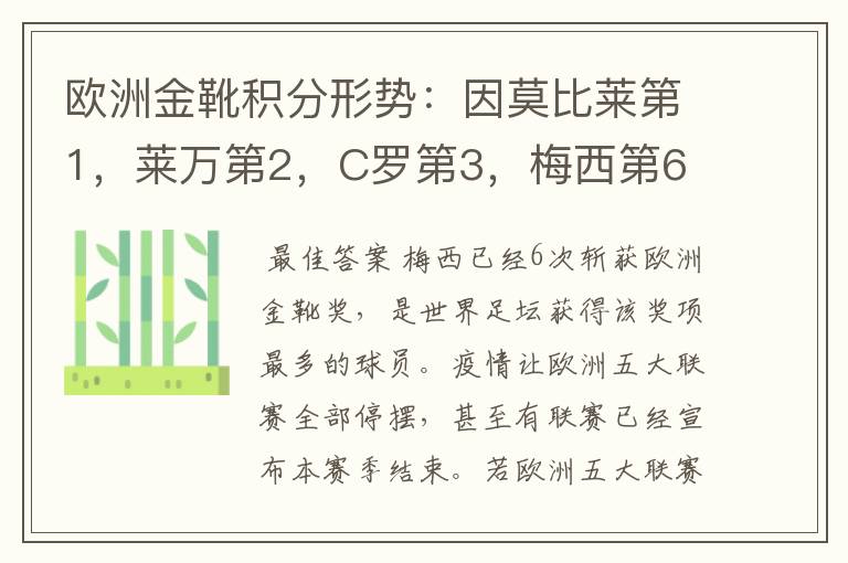 欧洲金靴积分形势：因莫比莱第1，莱万第2，C罗第3，梅西第6