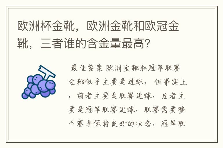 欧洲杯金靴，欧洲金靴和欧冠金靴，三者谁的含金量最高？